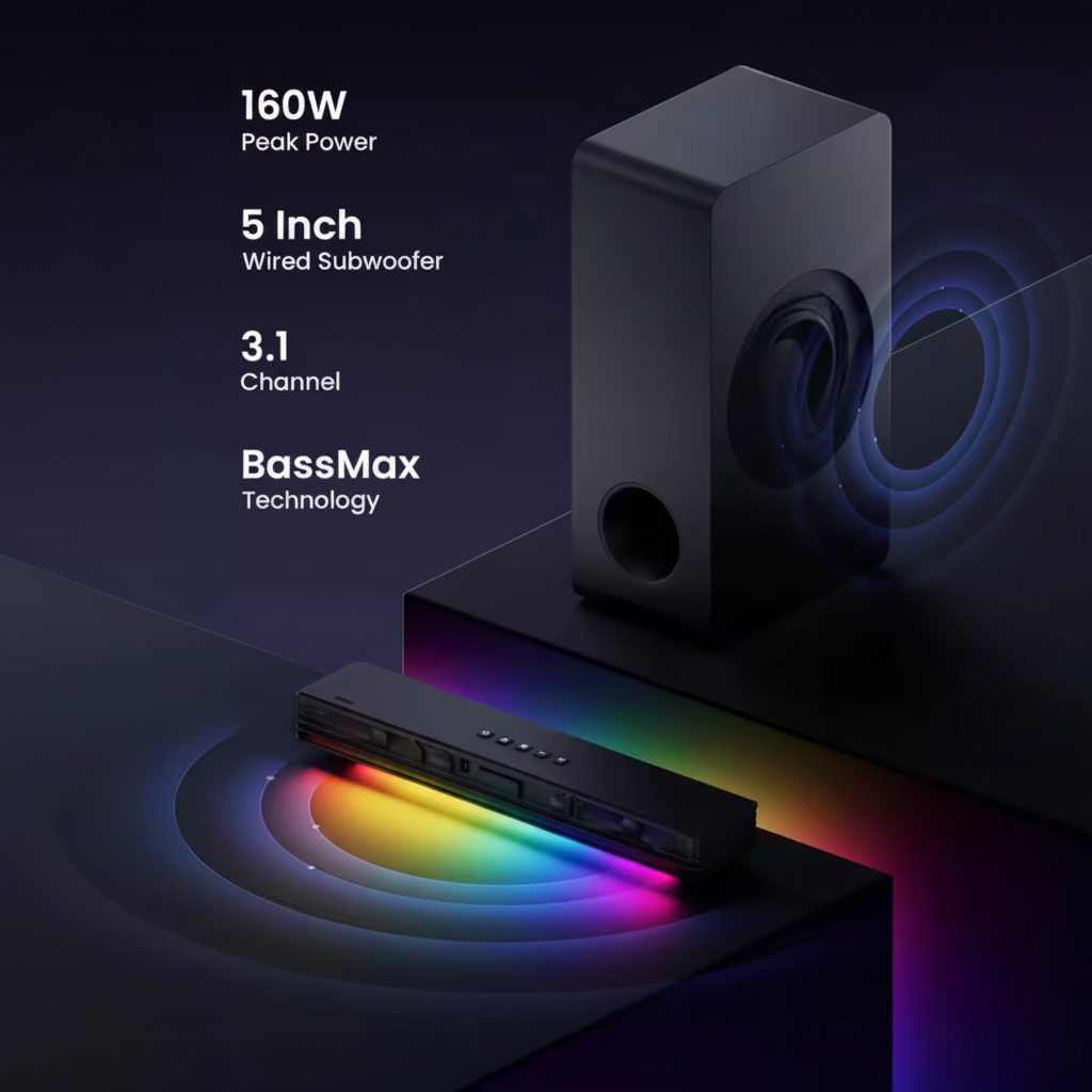 BT 5.3 Sound Bar Sound System with Subwoofer, RGB Light, Audio Sync Surround, HD-ARC/AUX/USB for Smart TV 3. 1CH/PC