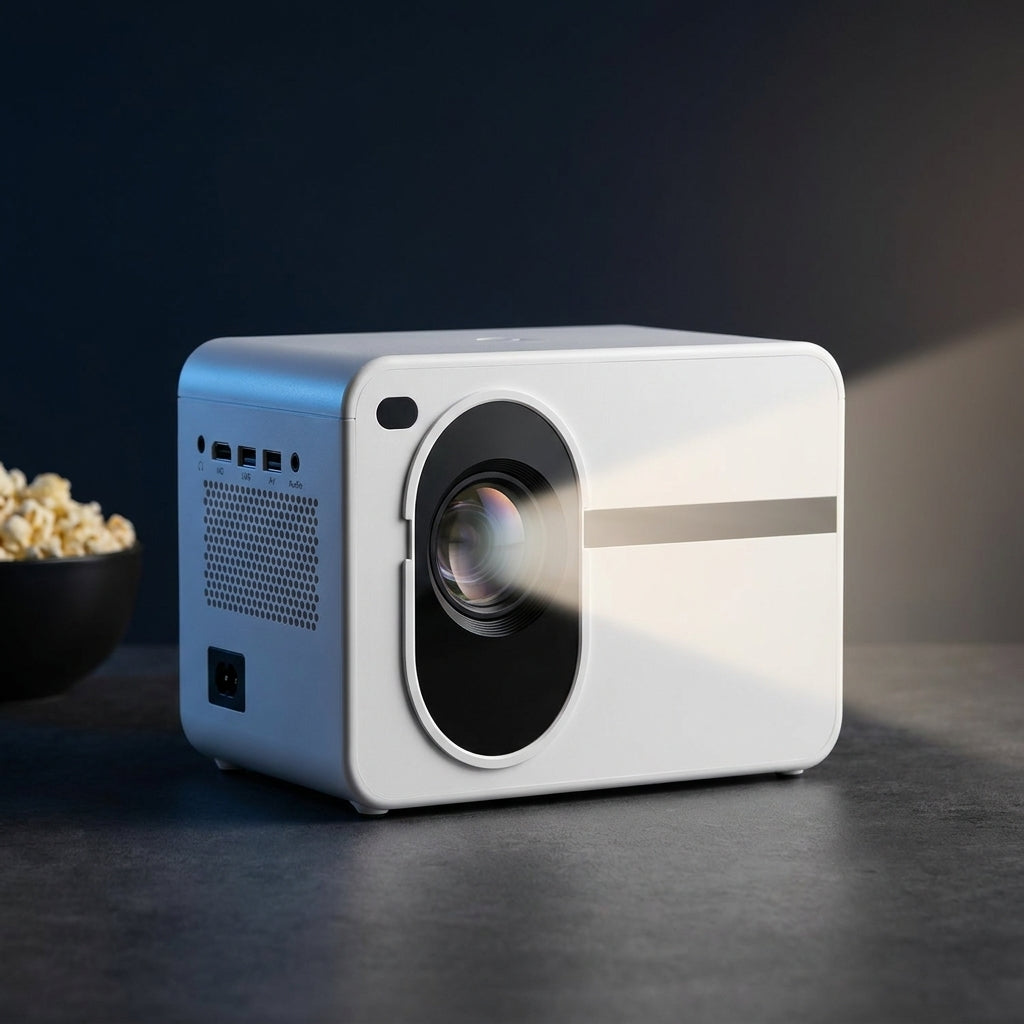 Projector with Wifi and Bluetooth Native 1080P Full HD Projector 18000 Lumens Outdoor 200" Projection Screen Video Movie Proyector Compatible with Smartphone, Hdmi,Usb,Av,Fire Stick, PS5, White — Studio Shot