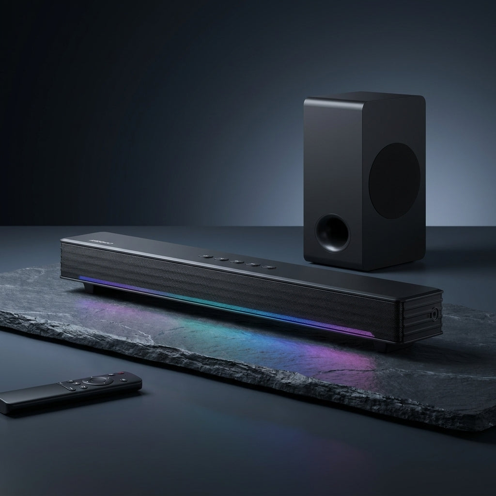 BT 5.3 Sound Bar Sound System with Subwoofer, RGB Light, Audio Sync Surround, HD-ARC/AUX/USB for Smart TV 3. 1CH/PC — Studio Shot