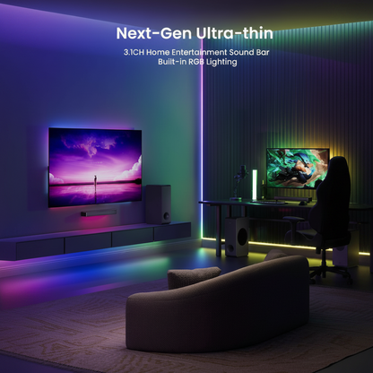 BT 5.3 Sound Bar Sound System with Subwoofer, RGB Light, Audio Sync Surround, HD-ARC/AUX/USB for Smart TV 3. 1CH/PC